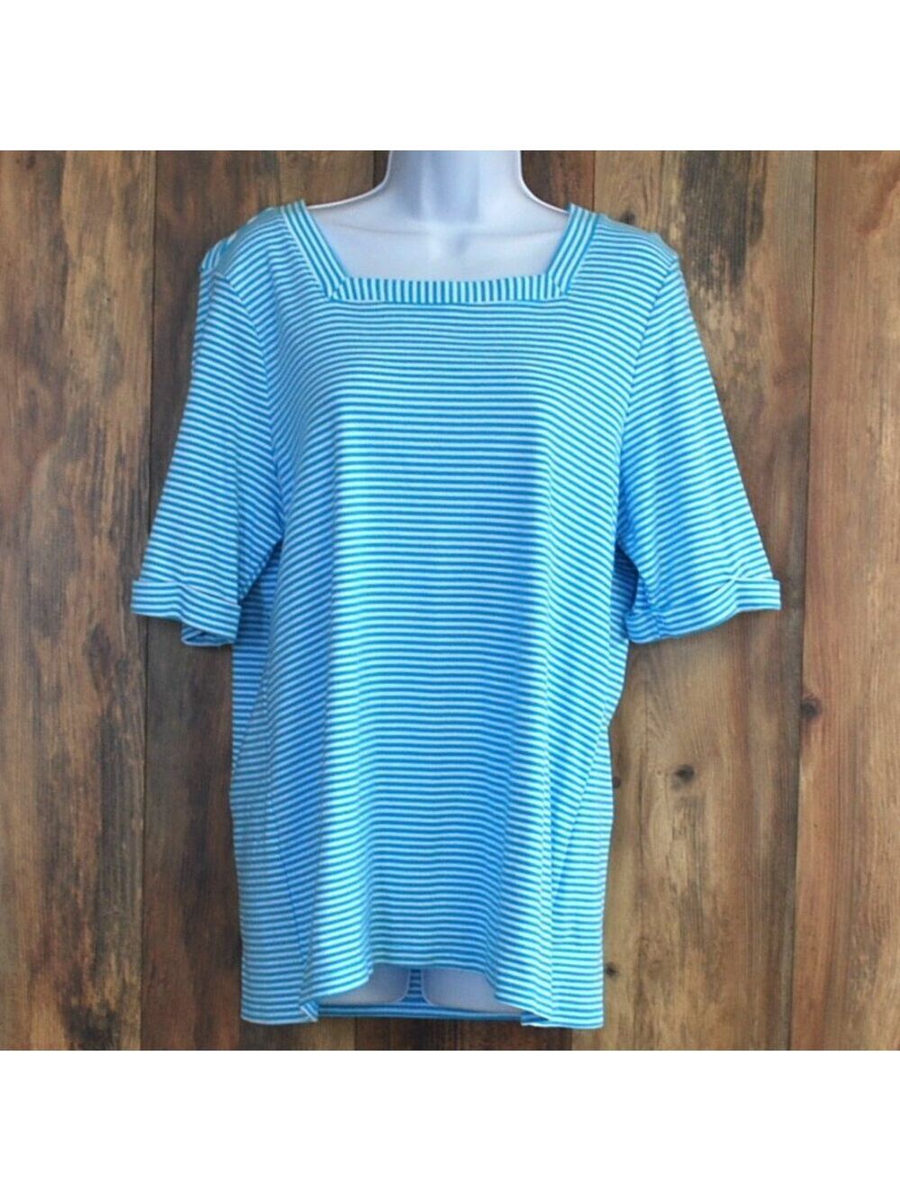 Croft & Barrow Women's Square Neck Short Sleeve Blouse Blue/White XL